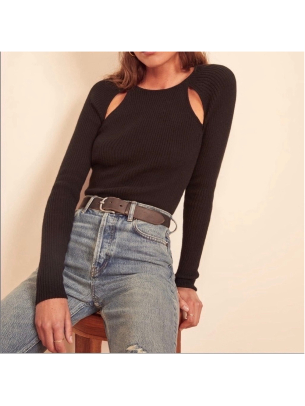 Reformation Black Ribbed Sweater Women S Cutout Shoulder Long Sleeve Cashmere